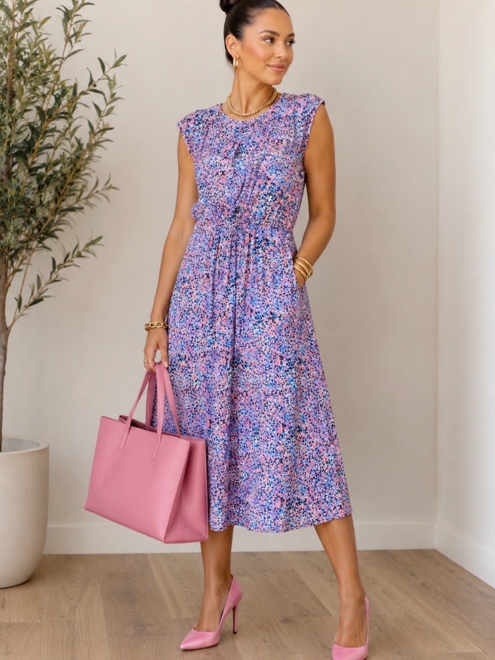 J. Crew Lavender-Pink Floral Cap-Sleeve Midi Dress